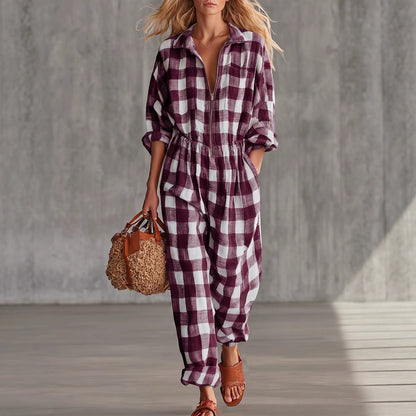 Women Plaid Jumpsuit Lapel Collar Zip Elastic Waist Loose Long Jumpsuits Ladies Casual Checkered Holiday Overalls With Pockets