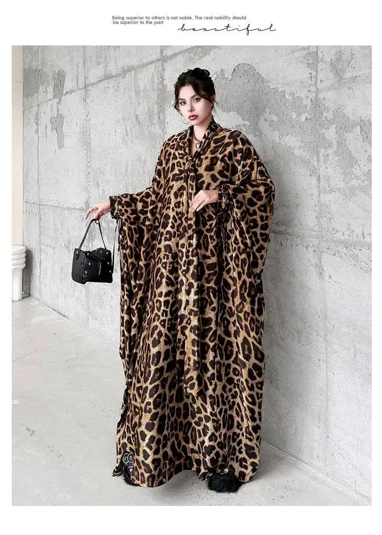 Leopard Print Loose Bat-sleeve Dress Women Summer Stand-up Collar Tie-waist Oversize Slimming Casual Long Dress XY420