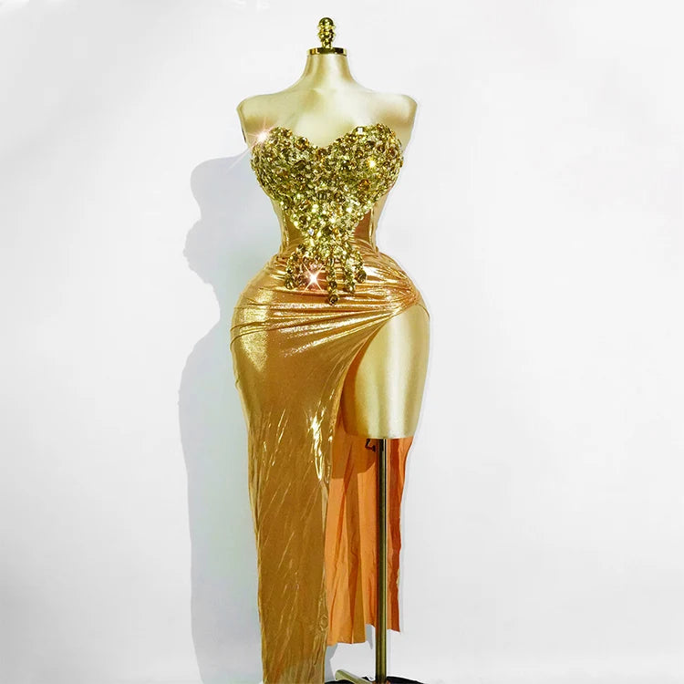 Woman Performance Suit Sexy Pink Backless Strapless Rhinestones Dress Event Costume Dancewear Top And Skirt Birthday Drag Club