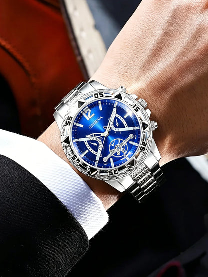 Men 3Pcs Geneva Watch Jewelry Set Blue Dial Quartz Wrist Watch Spear Necklace Rhinestone Ring, Boxes Not Included