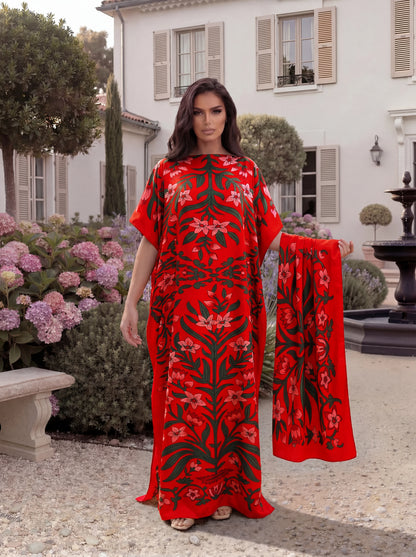Boho Tropical Floral Leaf Print Satin Abaya Scarf Set, Loose Batwing Maxi Kaftan for Muslim Women Summer Beach Holiday Wear