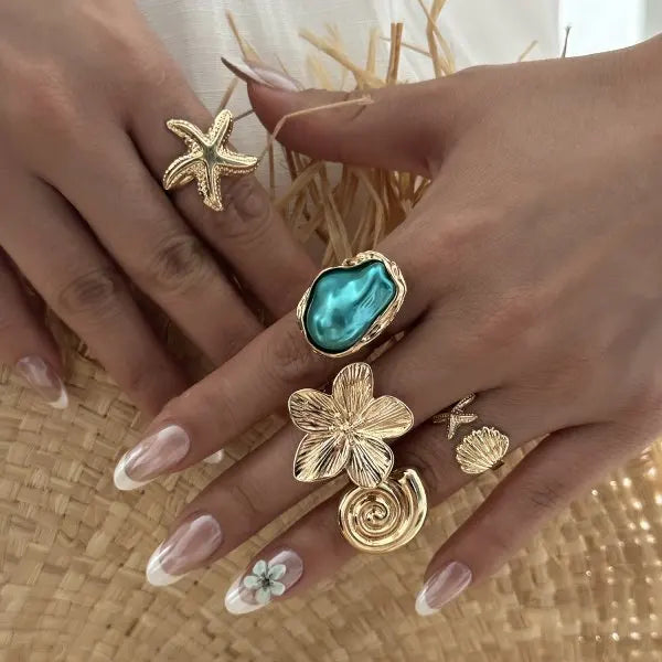 8Pcs/Set Vintage Pink Metal Flower Ring Set for Women Punk Elegant Baroque Pearl Knuckle Joint Ring Party Daily Wear Jewelry