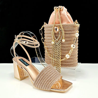 Stylish And Special Olive Bright Bag Match Women's Sandals Set With Big Diamond Tassels And Long And Short Double Chains