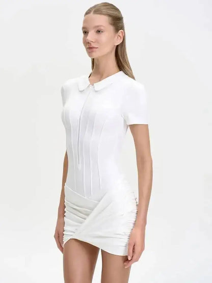 Sibybo Polo Collar Zipper Women Jumpsuits Set Short Sleeve High Elastic Rompers Ruched Bodycon Skirt Spring Casual Matching Sets