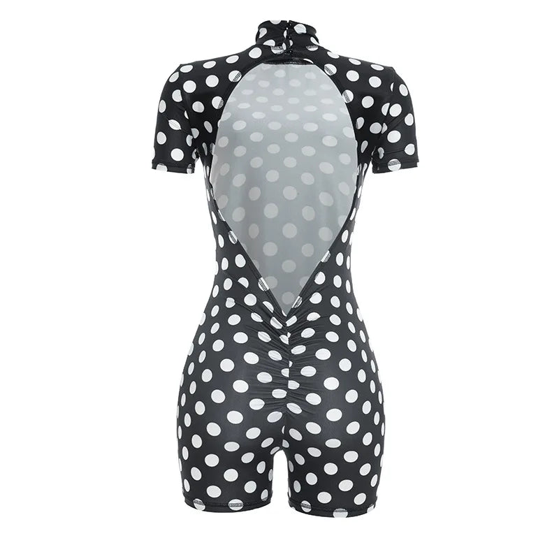 FAGADOER Retro Big Polka Dot Bodycon Rompers Women Short-sleeve Back Hollow Out Ruched Jumpsuits Streetwear Party Club Playsuits