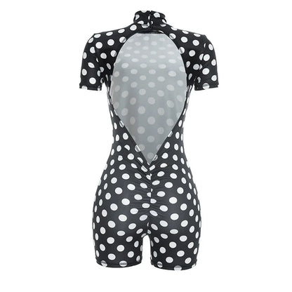 FAGADOER Retro Big Polka Dot Bodycon Rompers Women Short-sleeve Back Hollow Out Ruched Jumpsuits Streetwear Party Club Playsuits