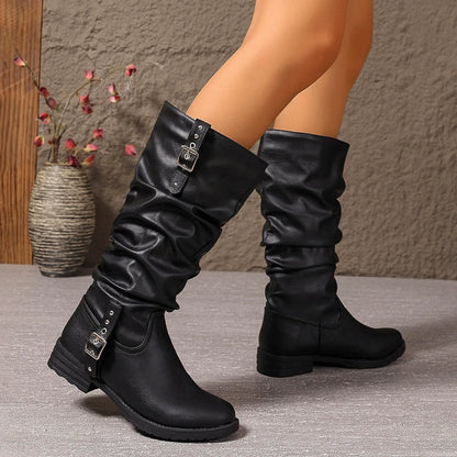 New Autumn Winter Vintage Women Knee High Boots Double Metal Buckle Thick Heels 3CM Knight Boots Casual Pull On Long Boots Shoes