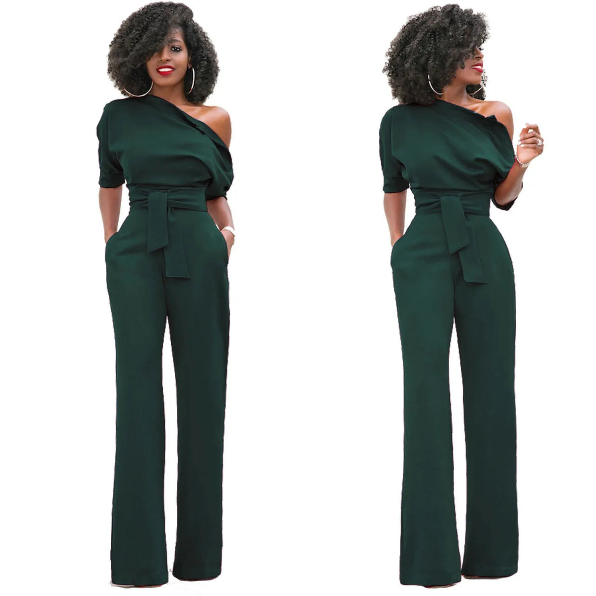 High Quality 2025 Spring Women's Casual Jumpsuits One Shoulder Slash Neck Button Romper Full Length Jumpsuit Wide Legs Jumpsuit