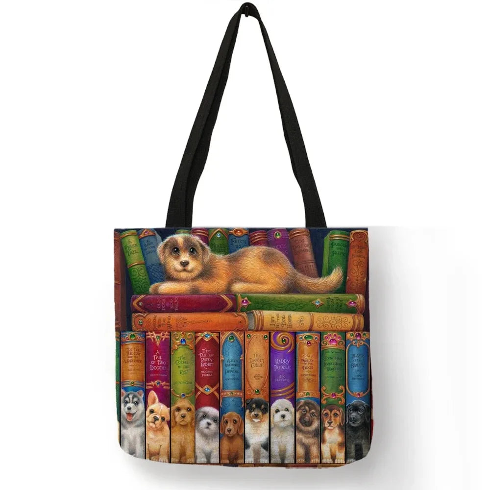 Oil Painting Cat Print Womens Designer Tote Bags Linen Reusable Shopping Bag For Groceries Shoulder Bags for Lady