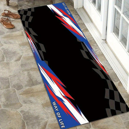 VIKAMA Motorcycle Garage Long Mat Checkered Flag Non Slip Wear Resistant Corridor Rug for Boys Bedroom E-Sports Room Decor