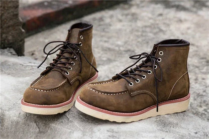 Men's Goodyear-Welted Vintage Genuine Leather Mid-calf Motorcycle Boots Round toe Casual Punk Dress Boots Work Shoes Western Red