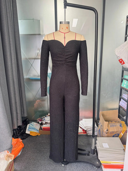 Fashion Slim Long Sleeve Jumpsuits for Women Slash Neck Folds Solid Straight Women Jumpsuit Monos Mujer Elegante