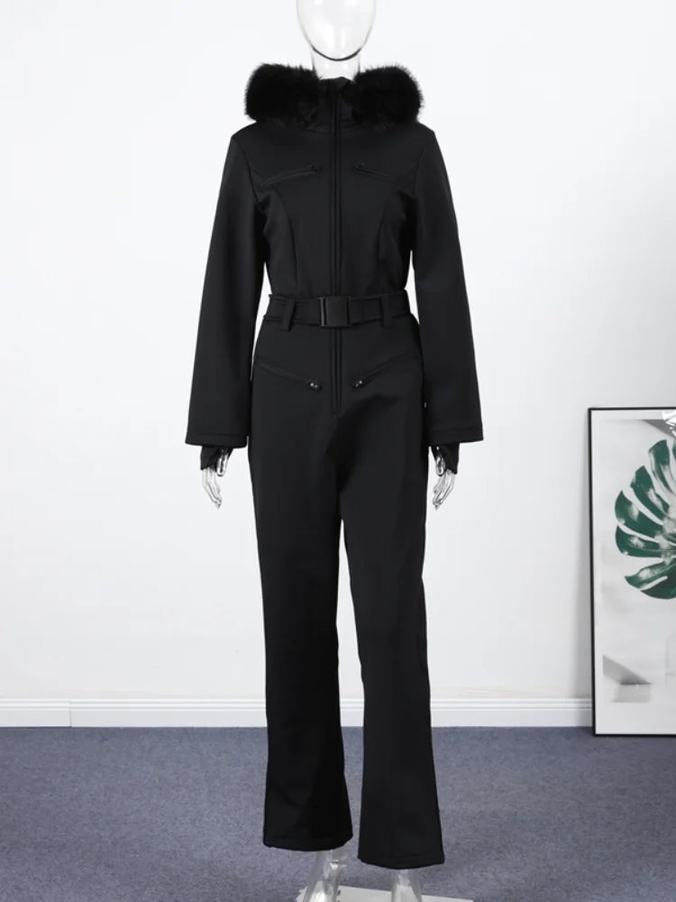 Casual Fur-Trimmed Hooded Ski Suit Women Fashion Belted Slim Full Sleeve Warm Jumpsuits Female 2026 Winter Snow Bodysuit Lady