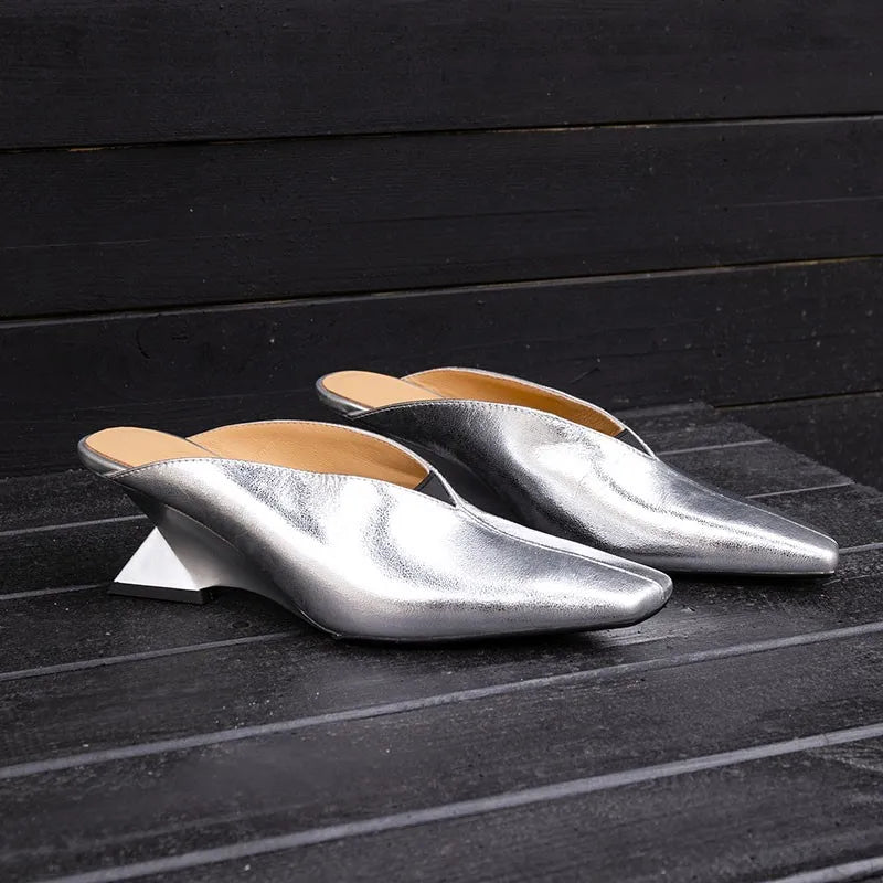 Luxury Gold Silver Leather Women's Mules Strange High Heels Wedge Women's Slippers Elegant Evening Dress Shoes Heels for Ladies