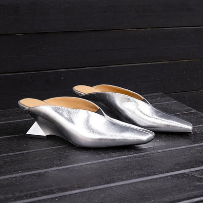 Luxury Gold Silver Leather Women's Mules Strange High Heels Wedge Women's Slippers Elegant Evening Dress Shoes Heels for Ladies