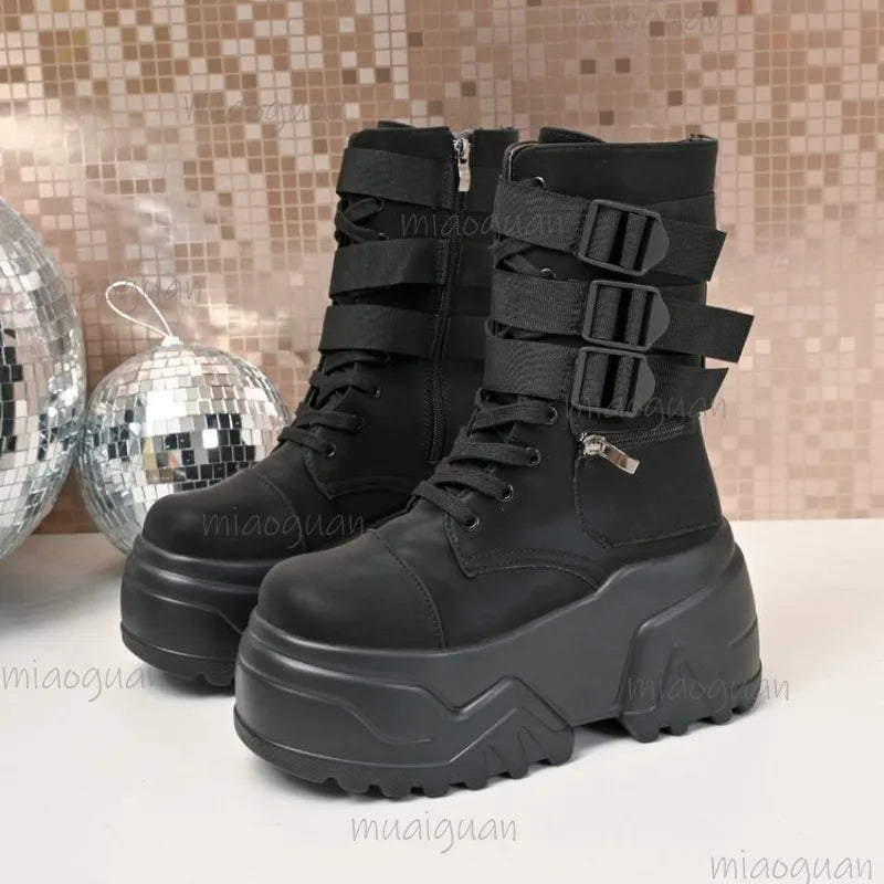 Punk Style Thick Bottom Women's Black Short Boots Side Zip Buckle Straps Platform Shoes for Women Zapatos De Mujer Size 35-42