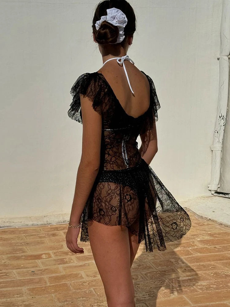 Kliou Sexy See Through Short Dress Woman Ruffles Decoration Low-Neck Backless Sleeveless Vacation Beach Party Style Mini Bodycon