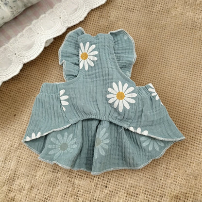 Daisy Print Pet Harness Dress Ruffle Straps Big Sheer Bow D Ring Traction Skirt Summer Thin Clothes for Small Dogs Cats