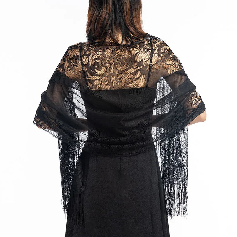 Korean Women Summer Thin Hollow Flower Long Tassel Party Cloak Sunscreen Shawl Sun Clothing Travel Towel Lace Evening Dress Scar