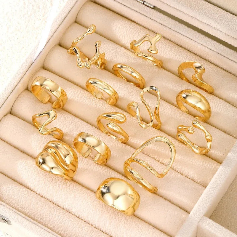 15Pcs/Set Stainless Steel Irregular Lines Water Drop Rings for Women Men Exaggerated Punk Retro Boho Fashion Jewelry Gifts