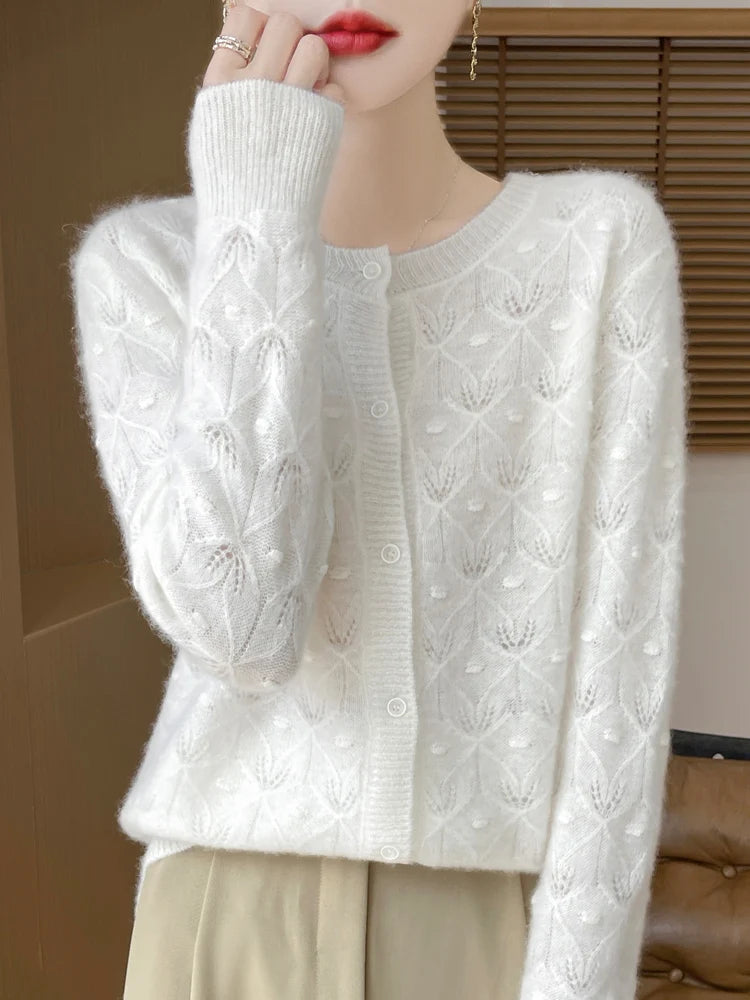 New Autumn Winter Soft Warm Cardigan Woman Cashmere Sweater O-neck Women 100% Merino Wool Sweater Loose Fit Hollow out Top Coat