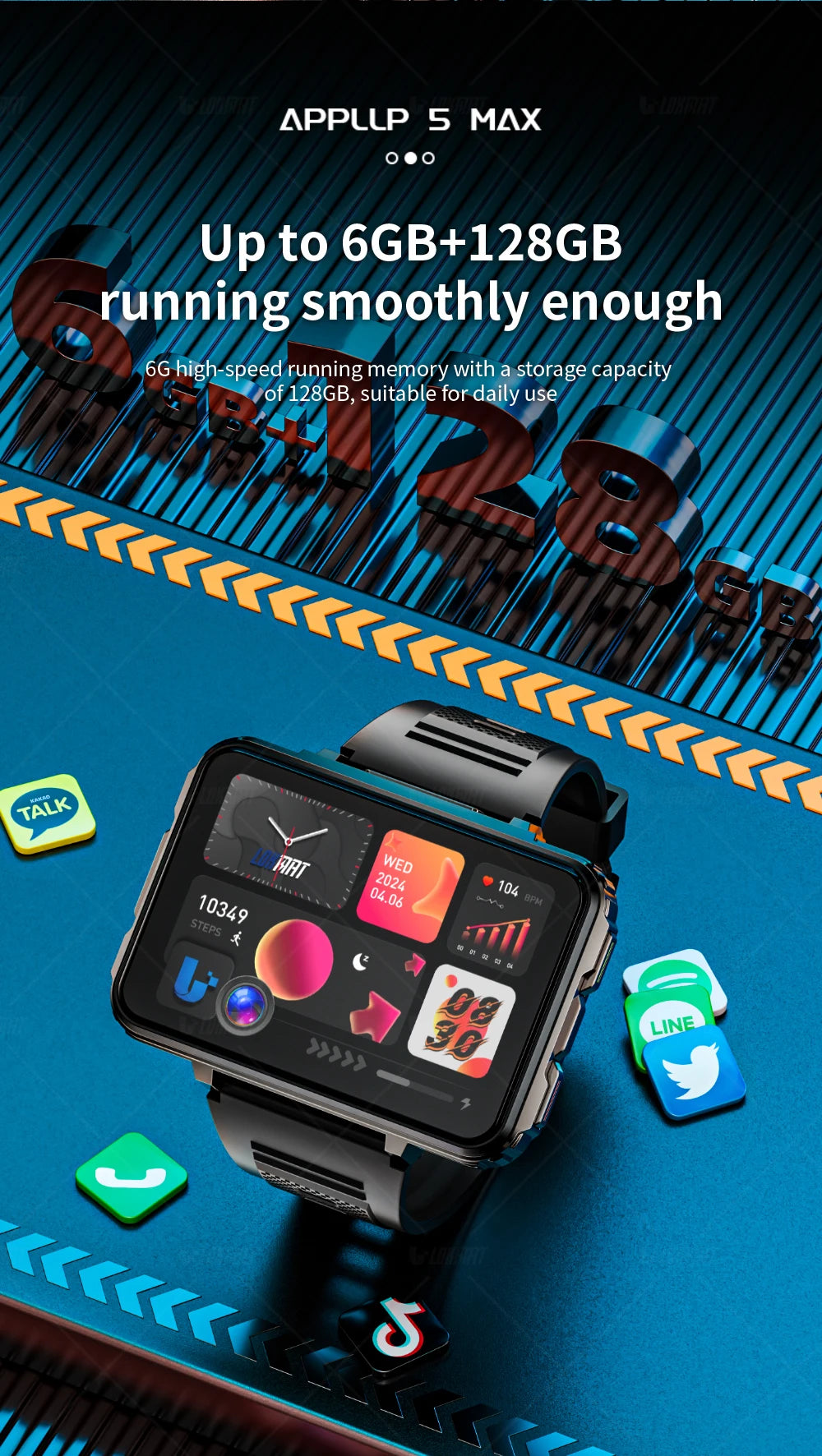 LOKMAT APPLLP 5 MAX  Android Watch Phone Square Big Screen Wifi 4G Calls Smartwatches Dual Camera with Flashlight Gaming Watch
