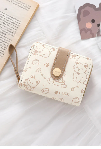 Cute Cat Coin Purse Women Fashion Short Wallet PU Leather Large Capacity Wallet Lightweight ID Card Holder Travel Cash Coin Bag