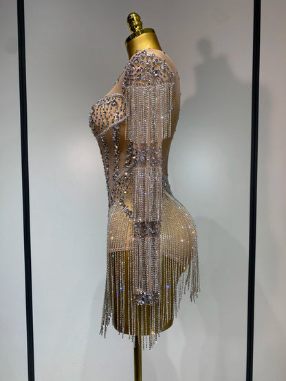 Women Sexy Mesh See Through Performance Dance Nightclub Rompers Singer Stage Outfit Sparkly Rhinestone Bodysuit Birthday Wear