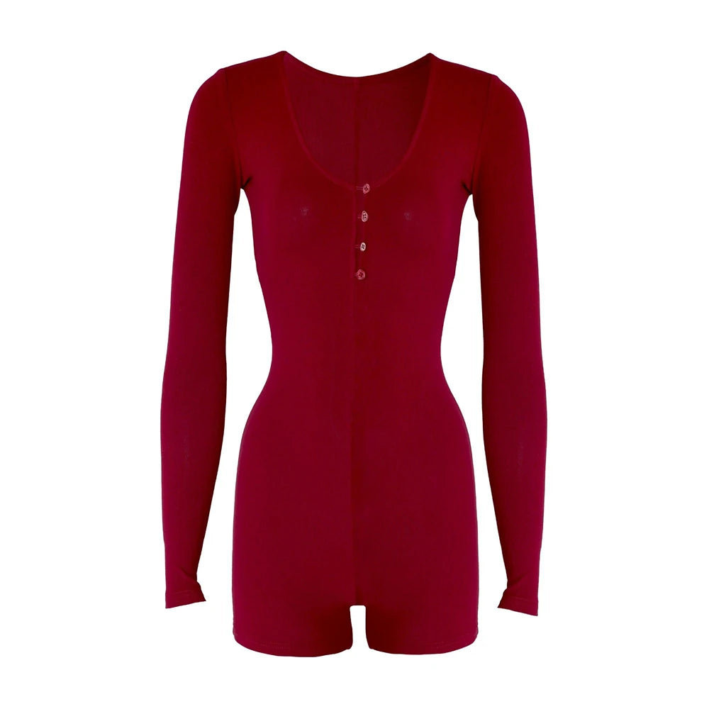 Women Yoga Playsuits Long Sleeve Buttons Jumpsuits Solid Color Slim Fit Stretch One Piece Short Romper Sexy Ladie Thumb Clasp