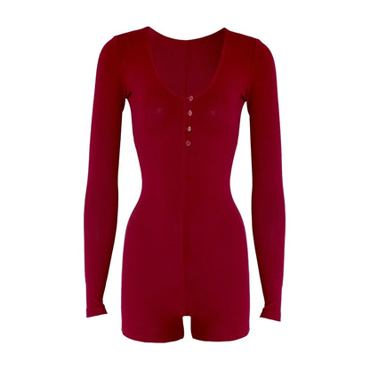 Women Yoga Playsuits Long Sleeve Buttons Jumpsuits Solid Color Slim Fit Stretch One Piece Short Romper Sexy Ladie Thumb Clasp