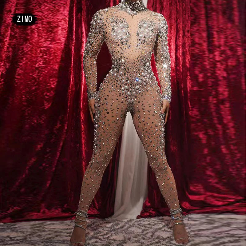 fashion Rhinestones Jumpsuit Crystal Pearl sexy Women Jumpsuits spandex party Nightclub birthday Pole Dance Singer Stage Costume