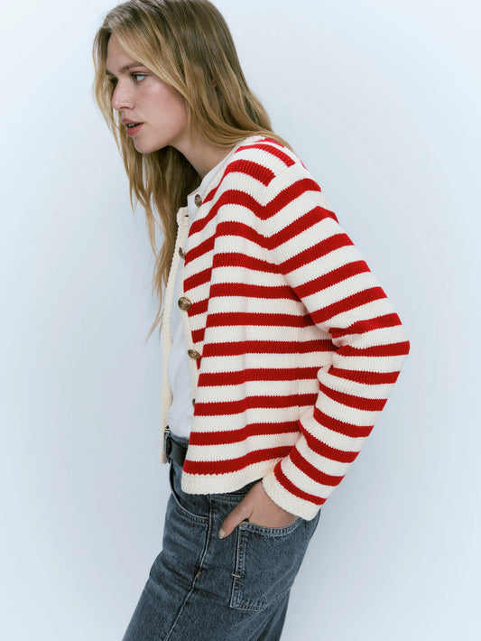 Ethereal Traf Md 2026 YAZHIMEI autumn new style of Women's casual fashion red Slim-fit commuter buckle classic striped cardigan