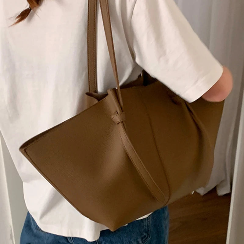 Luxury Designer Women's Soft PU Leather 2-in-1 Shoulder Tote Bag Set Big Capacity Branded Shopper Handbags Gray Blue PinkTan