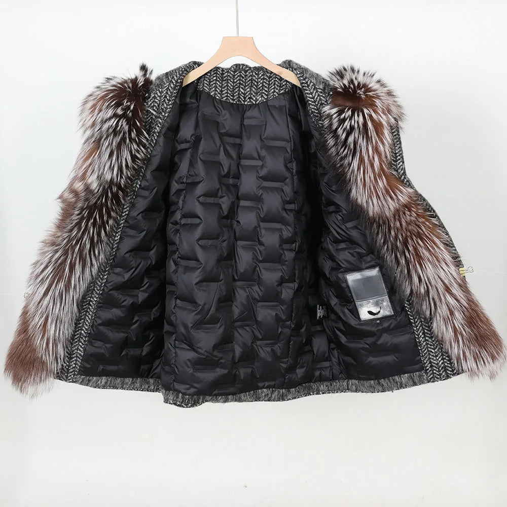 Maomaokong high-end Wool fabric Luxury Women's Big Fox Fur Collar Puffer Jacket Natural Fur down Coat Winter Thickened Warm