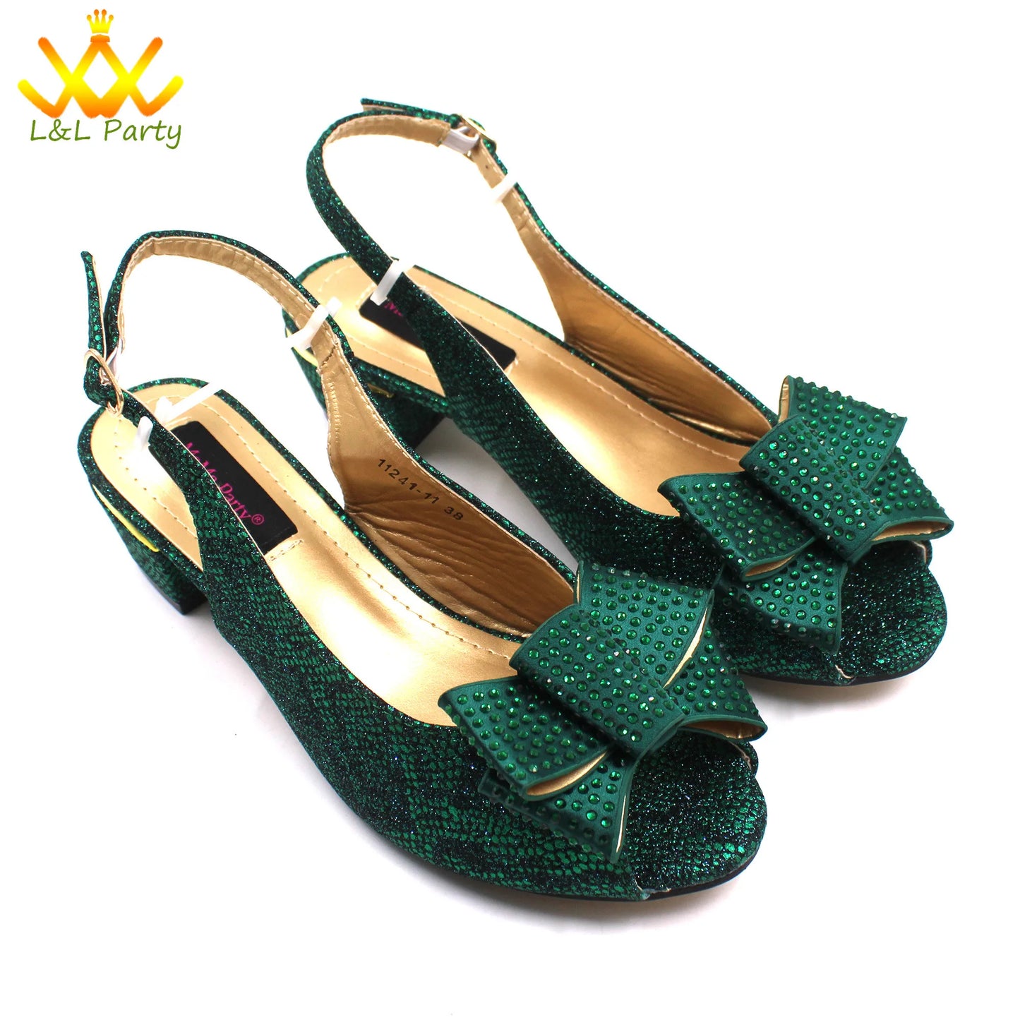 Pink New Arrivals Nigerian Women Shoes and Bag Set Italian Design Low Heels with Crystal Peep Toe Sandals for Party