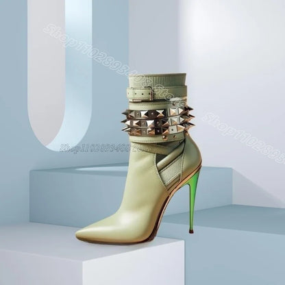 Green Buckle Decor Stiletto Short Boots Solid British Style Party Dress Women New Fashion Elegant Boots 2025 Zapatos Para Mujere