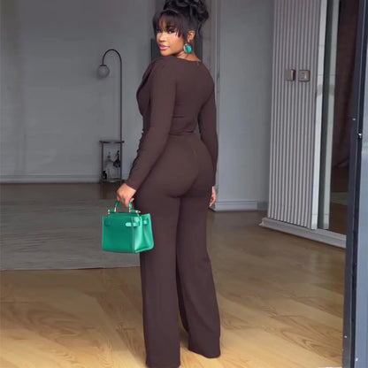 Swing Collar Ruched Jumpsuit Long Sleeve Solid Elegant Office Lady Asymmetric Hem Casual Vintage Ruched Slim Rompers Autumn