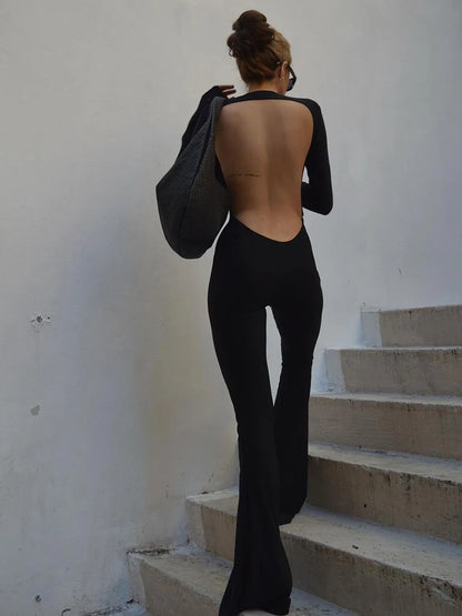 SIsterlinda Solid Sexy Backless Bodycon Wide Leg Jumpsuit Women Autumn Casual Slim Long Sleeve O-Neck Playsuit Lady Streetwear