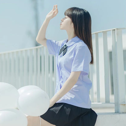 Men/Women JK Uniform Thai Style School Uniforms Short Sleeve White Shirt/Light Purple Shirt Preppy Style Pleated Skirt w/bow Tie