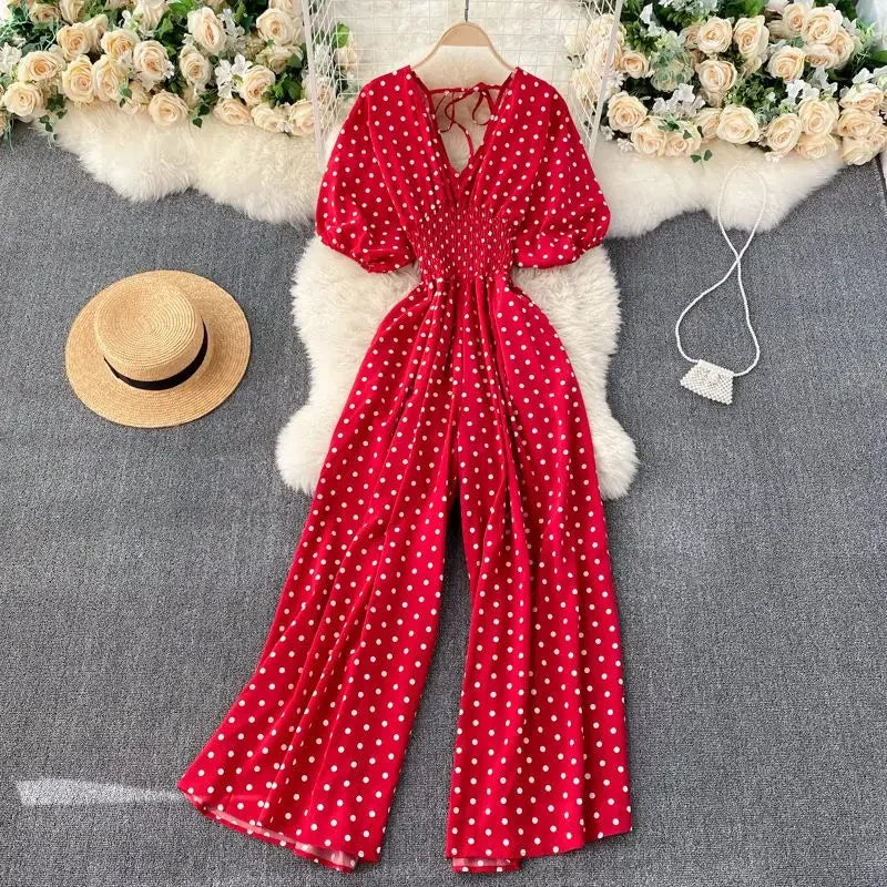 Jumpsuit Women Summer New Temperament Polka Dot V-neck High Waist Casual Wide Leg Jumpsuit Elegant Party One Piece Jumpsuits