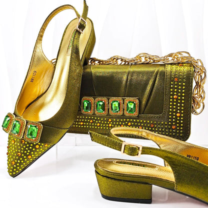 Doershow New Arrival Shoes and Bag Set African Sets 2024 Olive Nigerian Women Shoes and Matching Bags Set for wedding  1-11