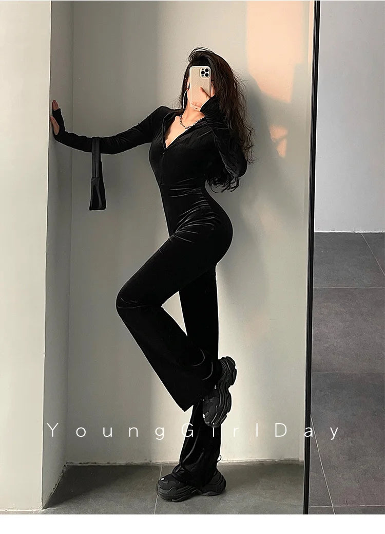 WOMENGAGA Fashion Black Velvet Slim Hooded Zipper Long Sleeve Flare Pants Jumpsuit Rompers Korean Sexy Hot Tops 2022 9P64