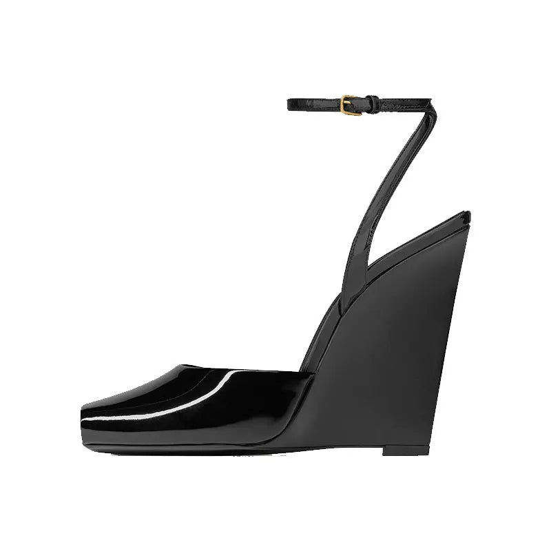 Ankle Strap Patent Leather Peep Toe Summer Women Sandals Wedges High Heel Buckle Strap Design Large Size Fashion Show Shoes