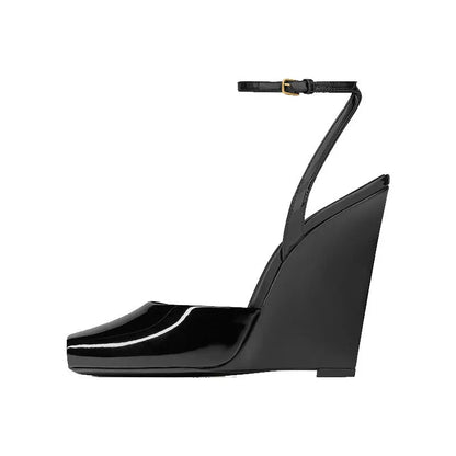 Ankle Strap Patent Leather Peep Toe Summer Women Sandals Wedges High Heel Buckle Strap Design Large Size Fashion Show Shoes