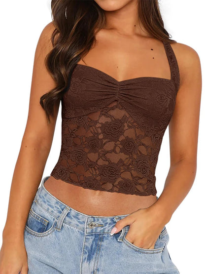 Spring/Summer 2025 New Arrival Women's Y2K Style Sleeveless Lace-Trimmed Fitted T-Shirt Lace-Tie Plain-Colour Tank Top