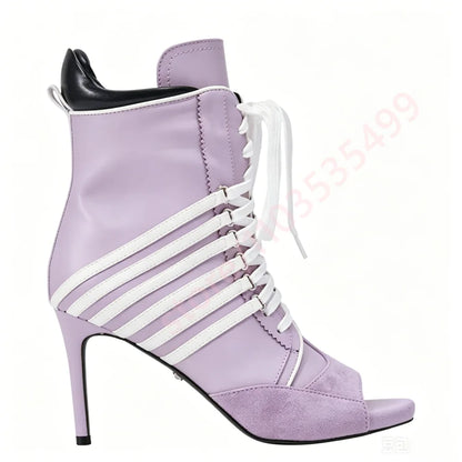2026 Summer New Style Striped Peep Toe Ankle Boots Women Front Lace Up Thin Stiletto High Heel Fashion Streetwear Booties