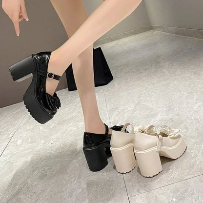 Summer/Autumn Fashion New Solid Color Bow Banquet Elegant Thick-soled Buckle Round-toe Wear-resistant Women's High Heels