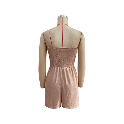 Summer Leisure Vacation, European and American Solid Color High Waist Design, Strapless Jumpsuit Shorts