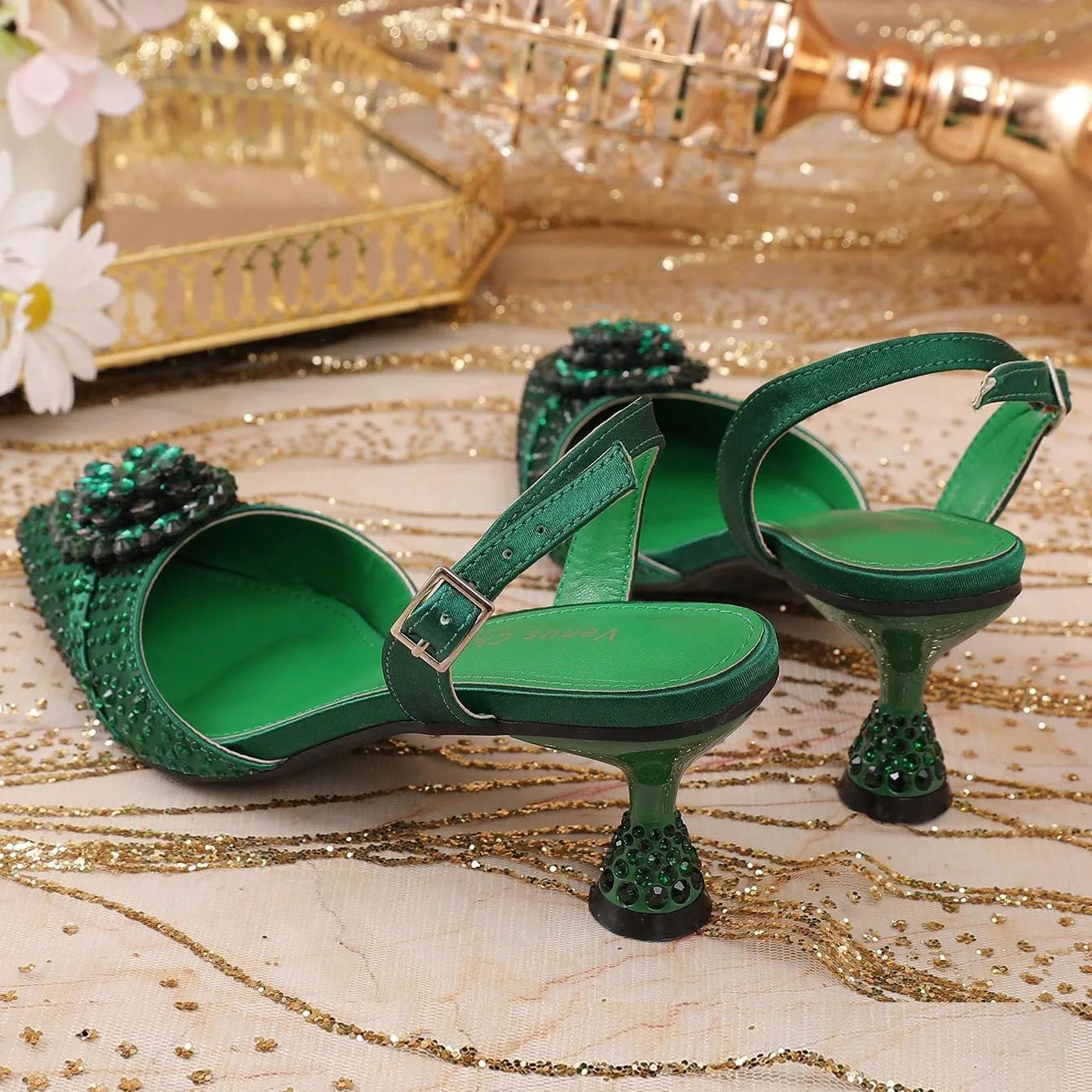 2025 Women's Green High Heels - Italy-Inspired Rhinestone Pointed-Toe Design for Gorgeous Parties | Plus Size Available