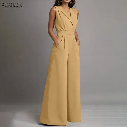 ZANZEA Women Jumpsuits Solid Sleeveless V Neck Rompers Elegant Office Ladies Clothing European Bottoms Pockets Casual Overalls